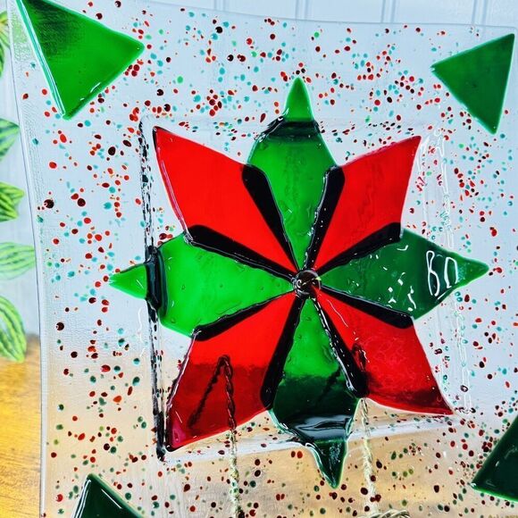 Fused Glass Signed Christmas Star Plate Serving Square Green Red Speckled 9” - Picture 3 of 12